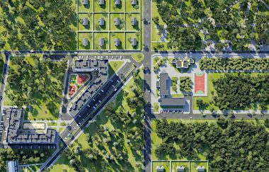 Aerial view of summer green town, 3d render