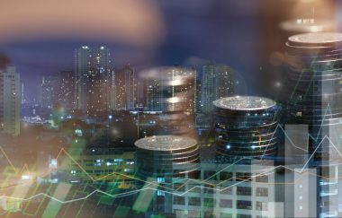 Financial investment concept, Double exposure of city night and
