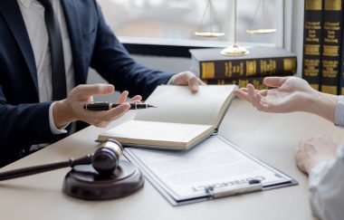 Attorney or judge provides legal advice to the client in the courtroom, Ethics in the courts include justice and impartiality, legal consultant, scales of justice, law hammer, Litigation and justice.